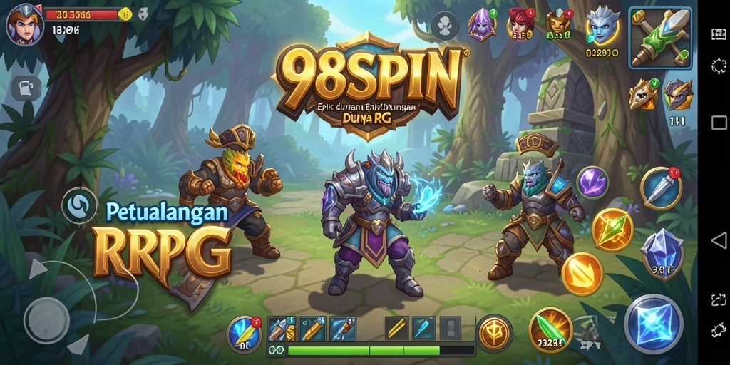 Tampilan utama gameplay 98SPIN menunjukkan pertarungan menarik dan karakter yang berwarna.