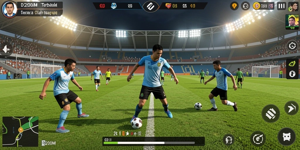 Gameplay D200M yang menarik dengan aksi sepak bola seru.