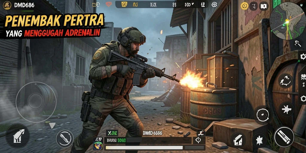 Tangkapan layar game DMD686 menunjukkan aksi menembak yang intens.