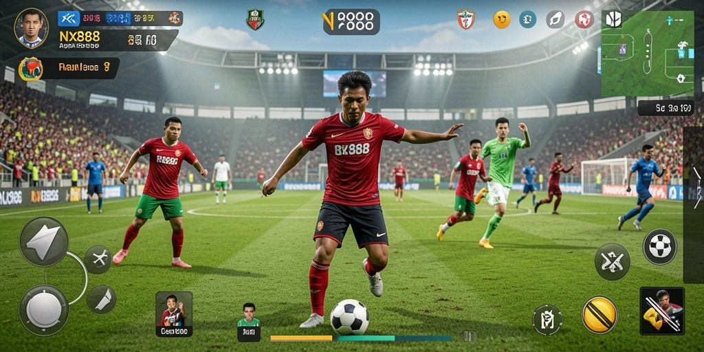 Tangkapan layar gameplay NX888 menampilkan aksi menarik dalam pertandingan sepak bola.