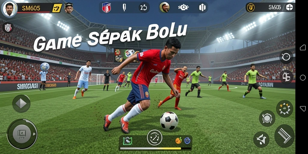 Screenshot gameplay SM605 menampilkan aksi sepak bola yang menegangkan.